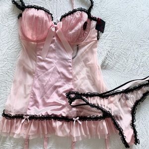 Pink lace & satin chemise with matching thong